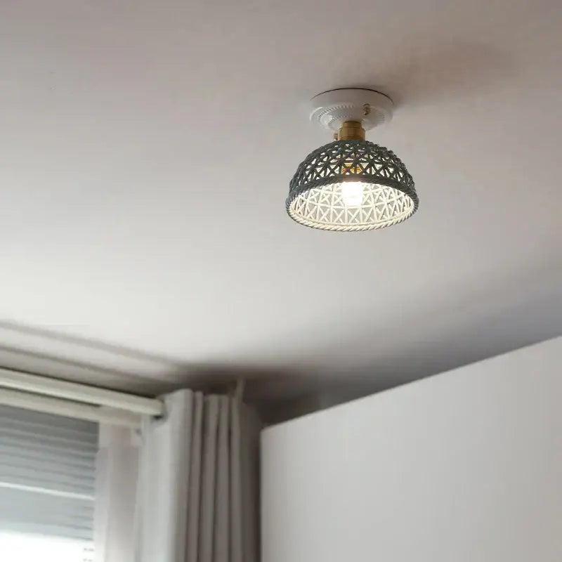 Woven ceramic led ceiling lamp with dark gray patterned metal shade and brass hardware for bedroom decorbites ceramic led