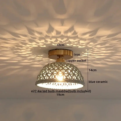 Woven ceramic led ceiling lamp with blue lattice ceramic shade brass iron base and copper socket for bedroom decorbites ceramic led