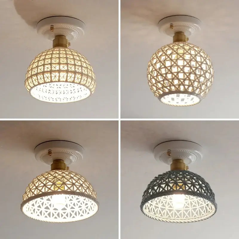 Woven ceramic led ceiling lamp with rattan globe, geometric pattern, and brass lattice dome for decorbites ceramic led decor