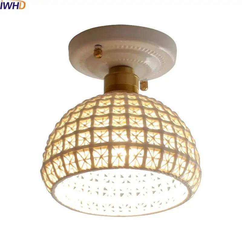 Warm-toned woven ceramic led ceiling lamp with brass lattice dome design for bedroom decorbites ceramic led lighting