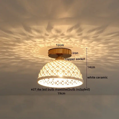 White ceramic led ceiling lamp with woven lattice design and brass iron mounting from decorbites ceramic led collection