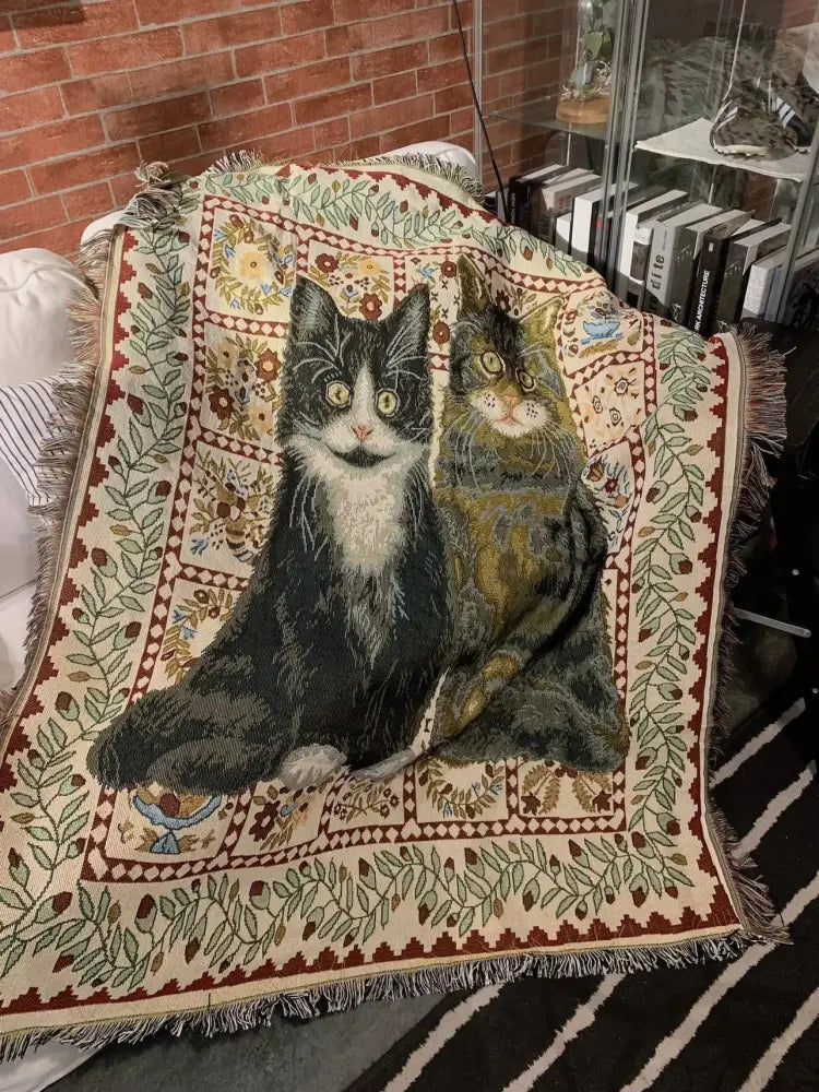 A cream-colored woven oil painting blanket with black and white and tabby cats framed by floral decorbites cat oil patterns