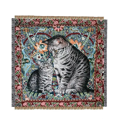 A woven colorful cat oil painting blanket featuring tabby cats with floral patterns and fringed edges for decorbites cat oil decor