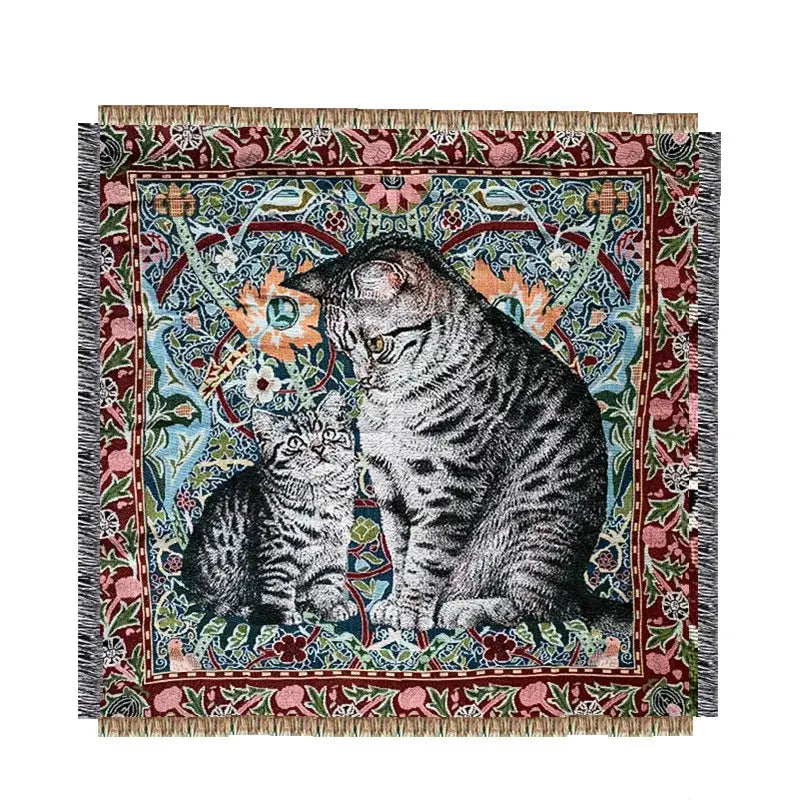 A woven colorful cat oil painting blanket featuring tabby cats with floral patterns and fringed edges for decorbites cat oil decor