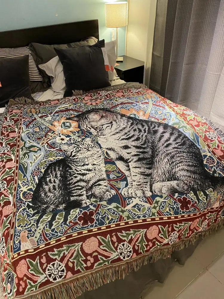 Woven colorful cat oil painting blanket featuring black and white tabby cats and floral pattern with fringed edges decorbites cat oil