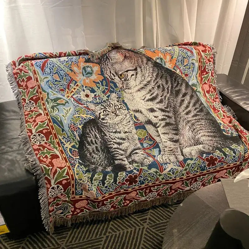 Woven colorful oil painting blanket featuring two tabby cats and vibrant floral patterns for decorbites cat oil decor