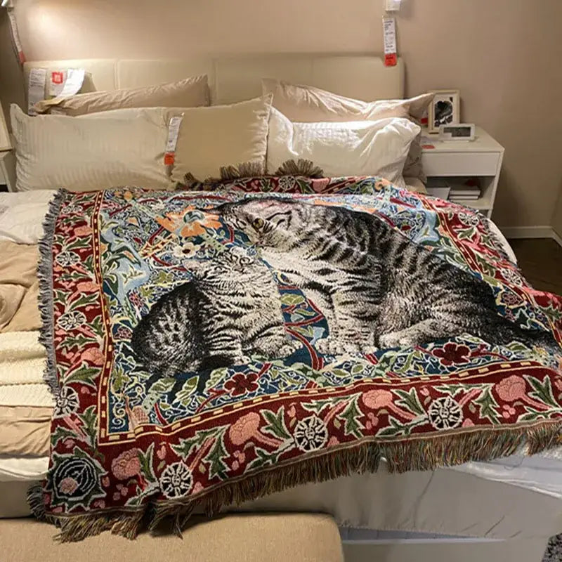 A woven colorful cat oil painting blanket with two tabby cats in floral pattern and red blue borders decorbites cat oil