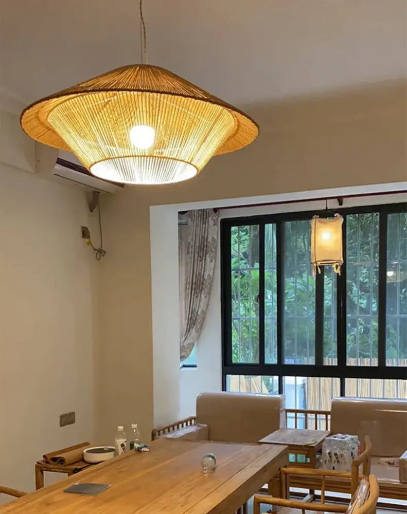 Woven conical handmade hemp rope pendant lamp with warm golden bamboo shade for kitchen decorbites handmade hemp lighting