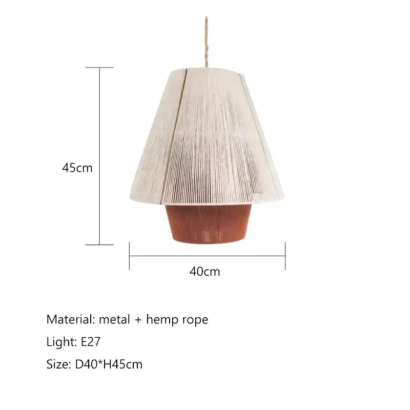 Beige cone-shaped pendant lamp with handmade hemp rope shade and terracotta metal base for kitchen decorbites handmade hemp