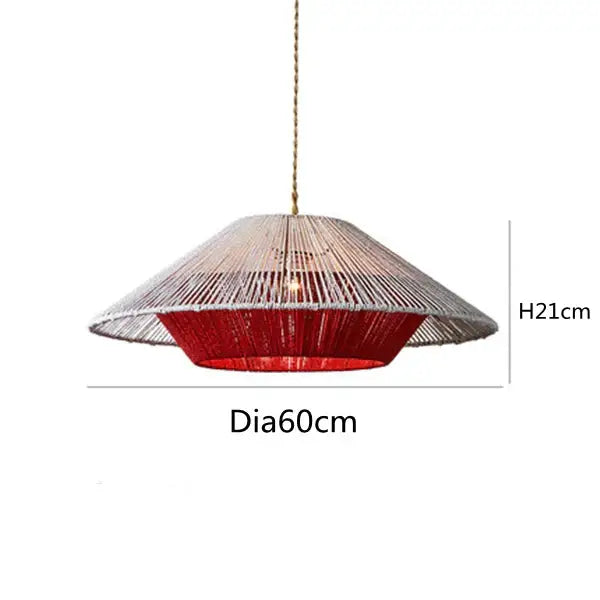 Woven conical handmade hemp rope pendant lamp with textured silver exterior and red interior by decorbites handmade hemp