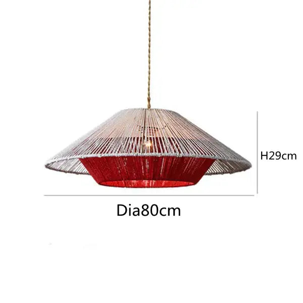 Woven conical pendant lamp in silver and red tones made of decorbites handmade hemp rope for kitchen light decor