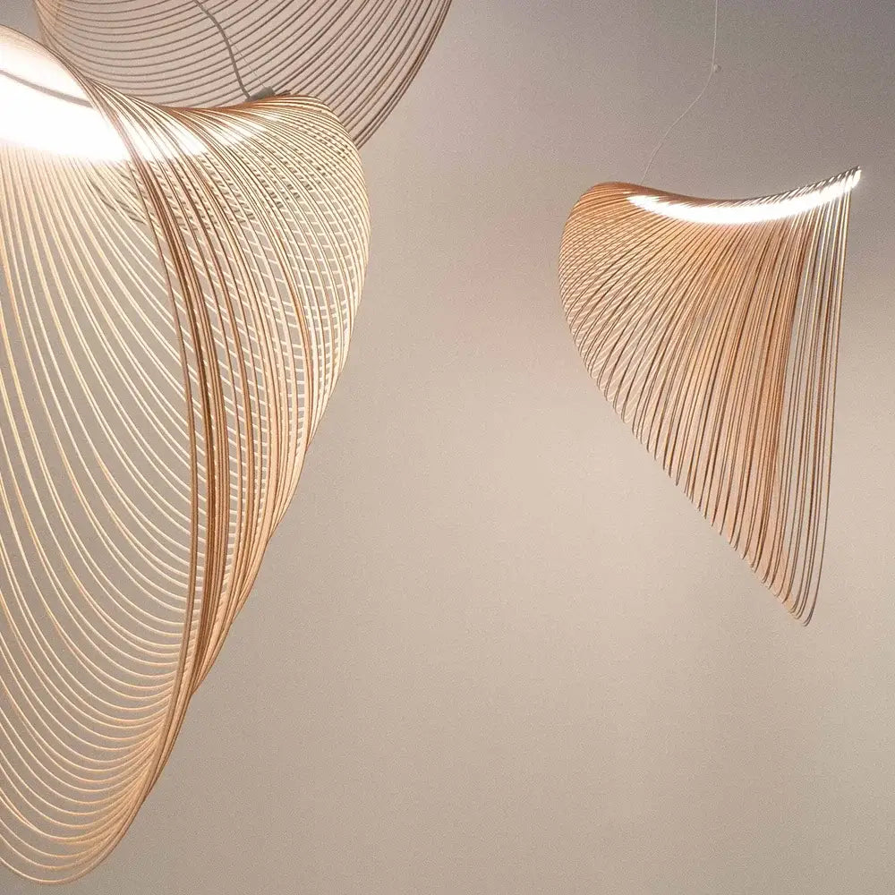 Curved warm-toned wooden decorbites bird’s nest led pendant lights with woven wireframe for dining room chandelier