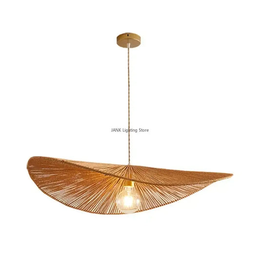 A warm-toned woven hemp rope pendant light with a fan-shaped rattan design and exposed bulb for living room decorbites hemp rope