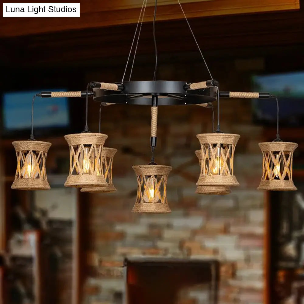 Woven Rope 7-Light Cylinder Pendant Chandelier with Wheel Design - Farmhouse Dining Room Ceiling Lamp in Brown