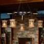 Woven Rope 7-Light Cylinder Pendant Chandelier with Wheel Design - Farmhouse Dining Room Ceiling Lamp in Brown