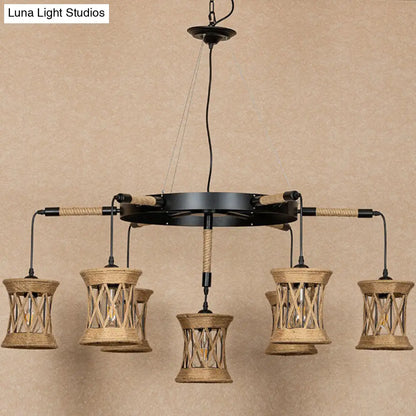 Woven Rope 7-Light Cylinder Pendant Chandelier with Wheel Design - Farmhouse Dining Room Ceiling Lamp in Brown