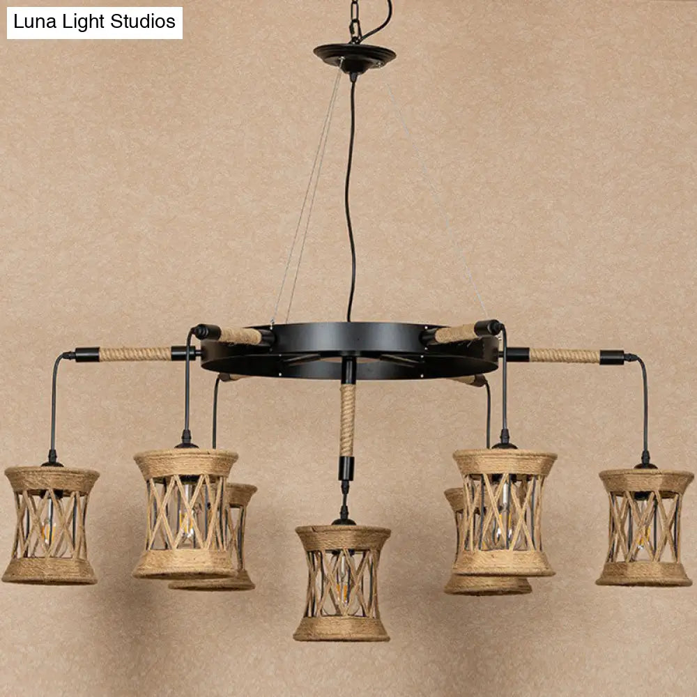 Woven Rope 7-Light Cylinder Pendant Chandelier with Wheel Design - Farmhouse Dining Room Ceiling Lamp in Brown