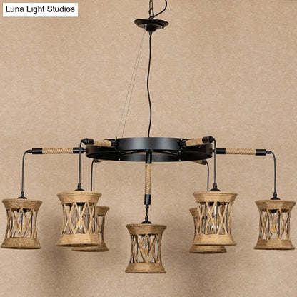 Woven Rope 7-Light Cylinder Pendant Chandelier with Wheel Design - Farmhouse Dining Room Ceiling Lamp in Brown