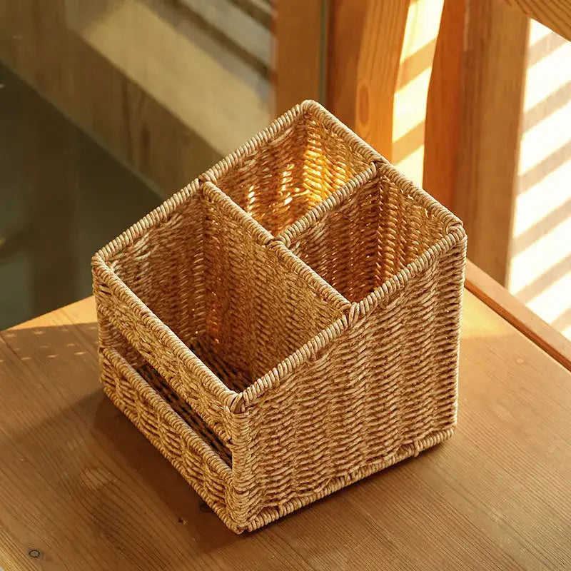Natural woven rattan desktop tissue box pen holder with square divided design in warm beige tones for living room organization
