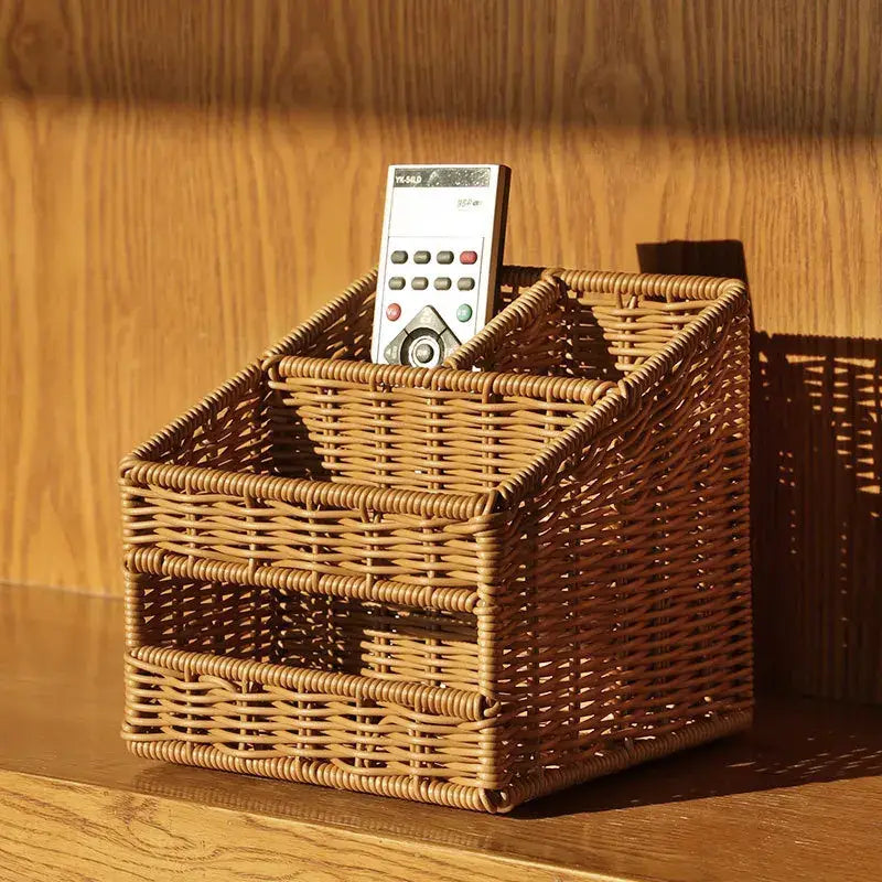 A woven tan desktop tissue box pen holder with two-tiered wicker design and rustic natural brown tones for living room use