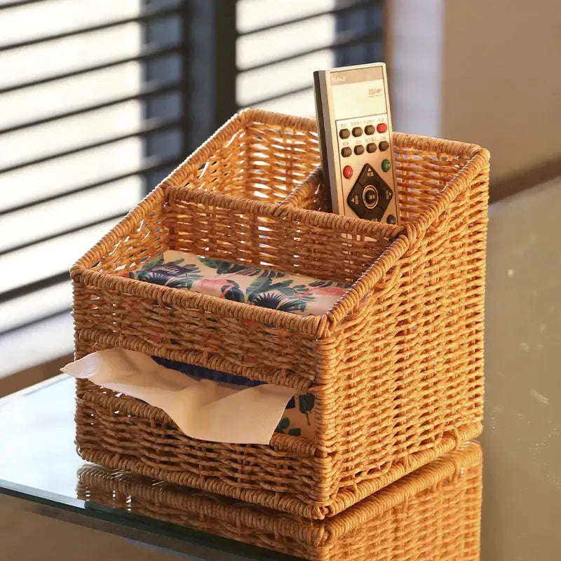 Tan woven wicker desktop tissue box pen holder with divided top compartment and bottom drawer for tissues and remote control