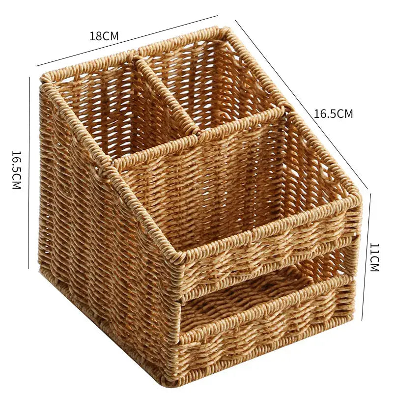 Woven tan natural rattan desktop tissue box pen holder with rectangular shape and three compartments for living room organization