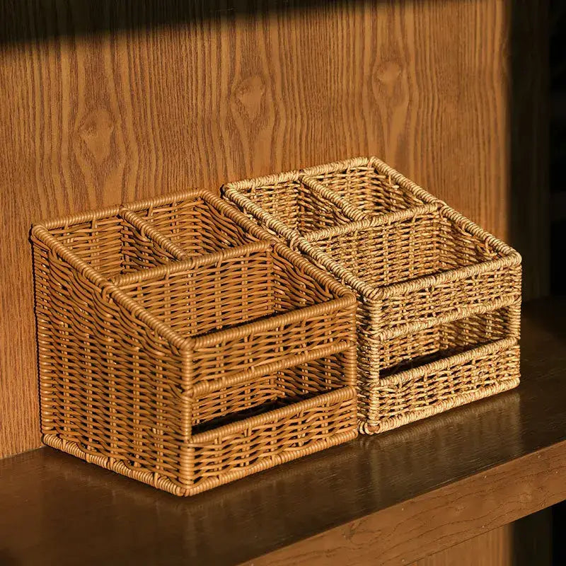 Two light brown woven wicker desktop tissue box pen holders with divided compartments on a wooden surface