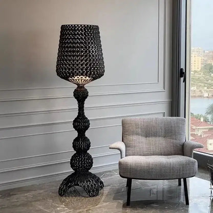 Black woven floor lamp with intricate geometric patterns and tiered base for decorbites acrylic kabuki lighting