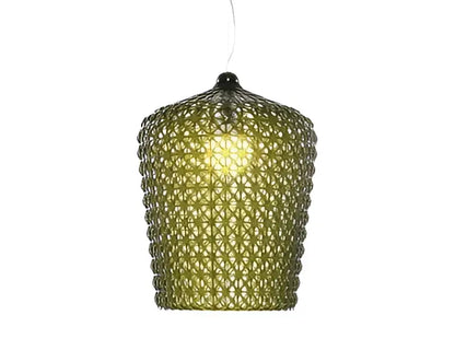 Olive-green woven mesh pendant light with black top cap complementing decorbites acrylic kabuki floor lamp design