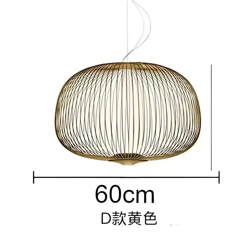 A golden oval-shaped pendant light with woven wireframe and polished chrome finish 60cm diameter for dining room