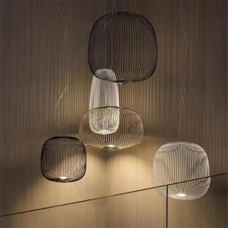 Modern pendant light with woven wireframe and polished chrome finish featuring translucent and dark tones for dining room