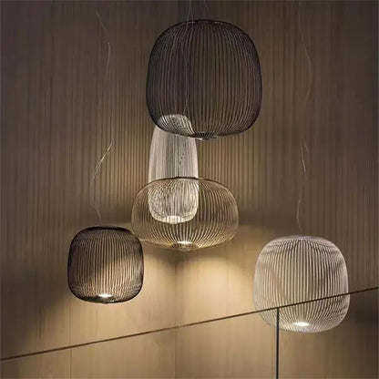 Modern pendant light with woven wireframe and polished chrome finish featuring translucent and dark tones for dining room