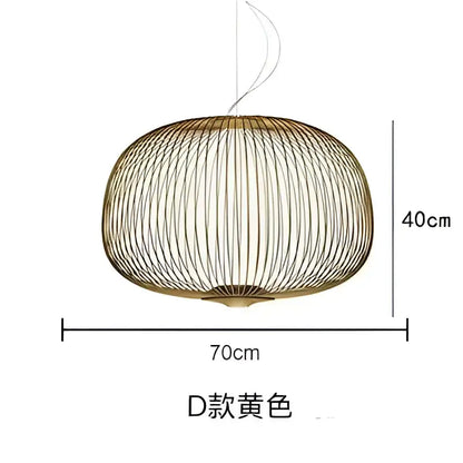Golden woven wire pendant light with a rounded cage design and polished chrome finish for dining room use