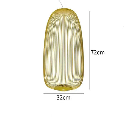 Gold-colored pendant light with a woven cylindrical design and polished chrome finish for dining room use