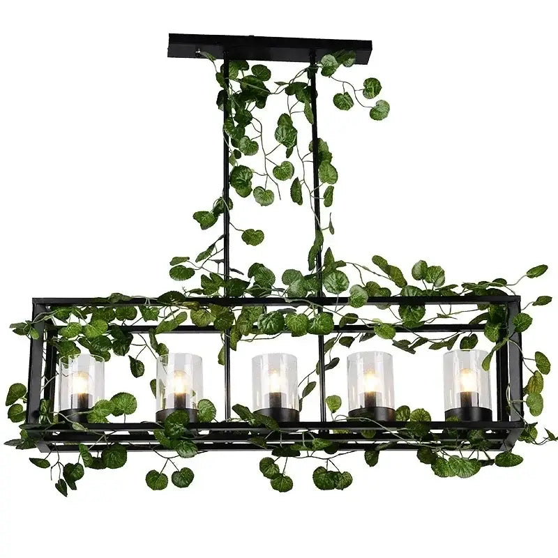 Black metal rectangular birdcage pendant lights with five glass candle holders and green ivy vines for dining room decorbites birdcage pendant