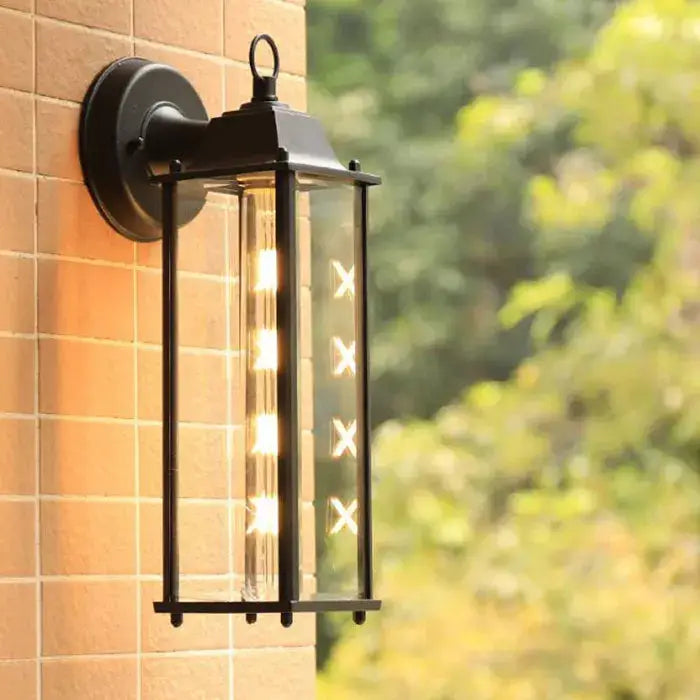 Black finish wrought iron wall lantern with clear glass panels and vertical led lights for outdoor porch use decorbites black finish