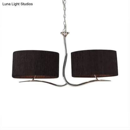 Modern two-light pendant light with wrought iron black frame and dark brown fabric shades for dining room e26 e27 bulbs