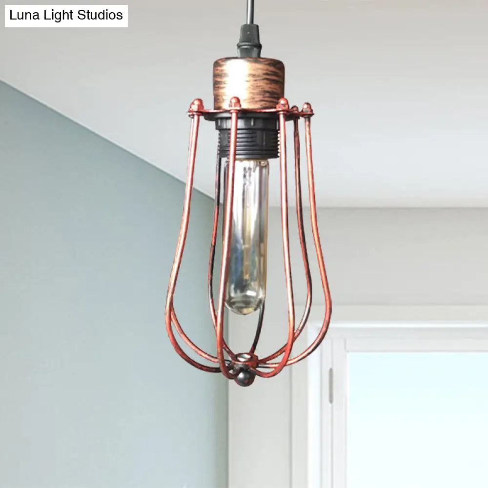 Wrought Iron Caged Pendant Light Rustic Industrial Coffee Shop Suspension Light, Aged Silver/Weathered Copper