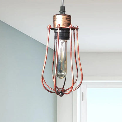 Wrought Iron Caged Pendant Light Rustic Industrial Coffee Shop Suspension Light, Aged Silver/Weathered Copper