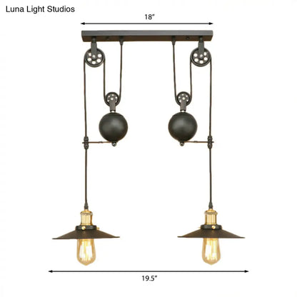 Wrought Iron Pendant Light Fixture with Black Finish - Antique Style Ceiling Light for Living Room (2 Bulbs, Flat Shade)