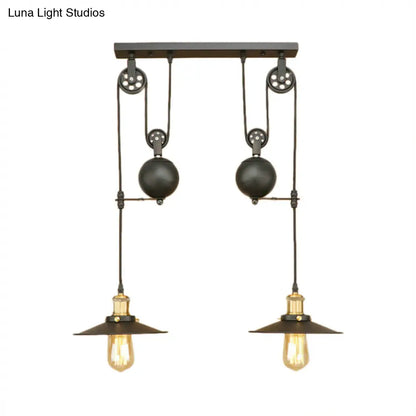 Wrought Iron Pendant Light Fixture with Black Finish - Antique Style Ceiling Light for Living Room (2 Bulbs, Flat Shade)