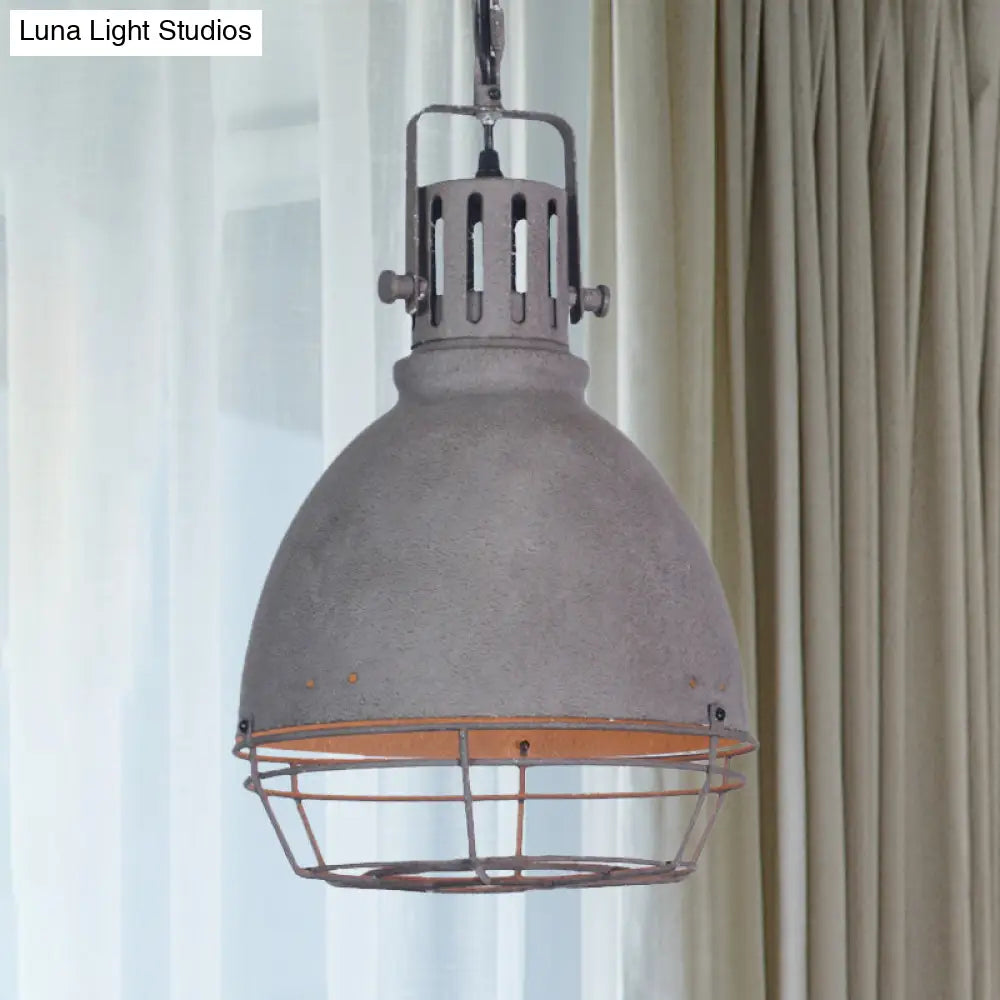 Wrought Iron Pendant Lighting with Bell/Dome Shade - Industrial 1 Light Hanging Lamp in Grey