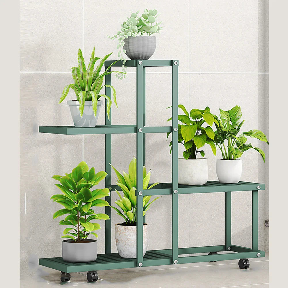 Wrought Iron Plant Stand with Wheels - Green - A / United States