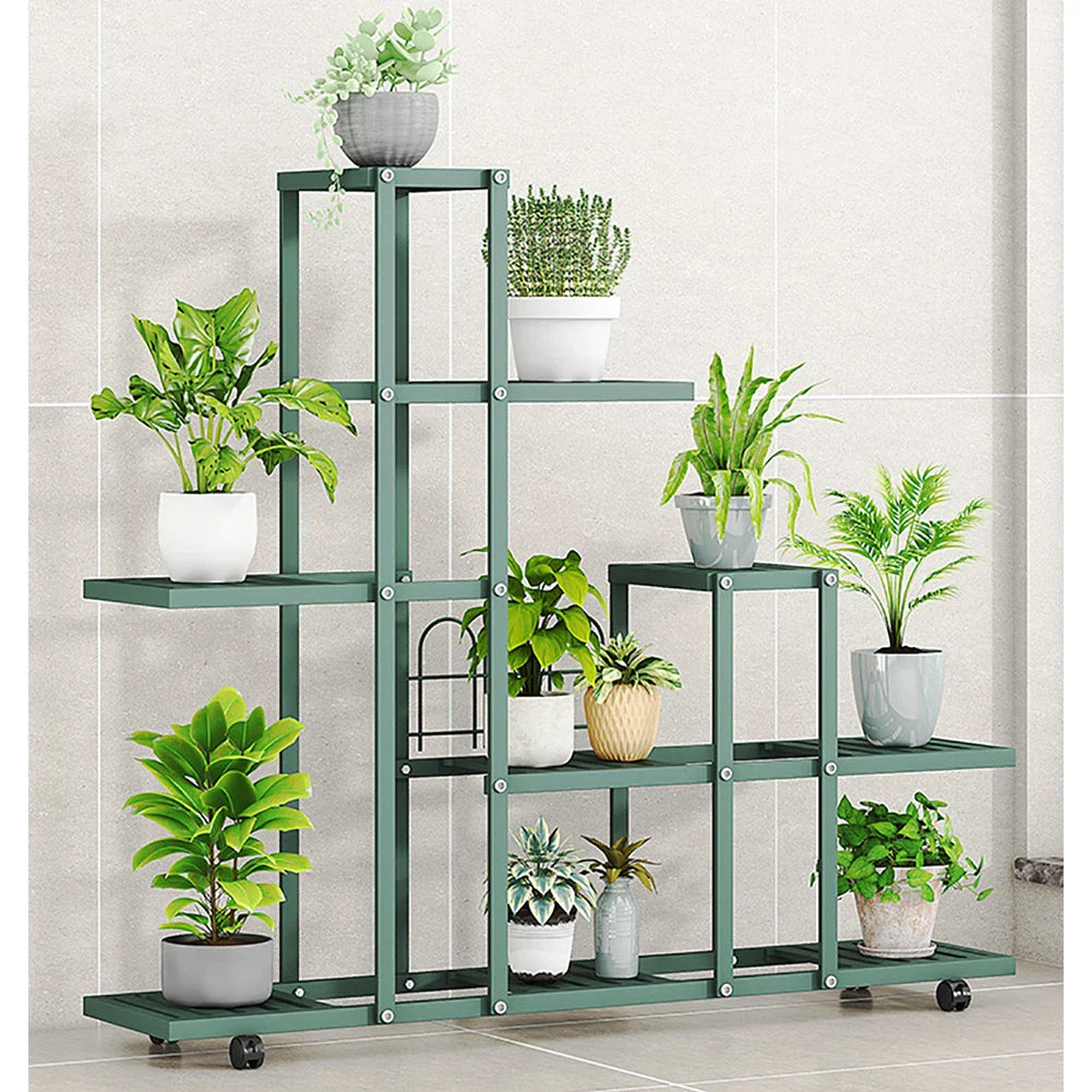 Wrought Iron Plant Stand with Wheels - Green - B / United States