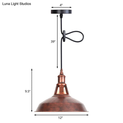 Wrought Iron Rust Pendant Lamp Barn 1-Light Retro Suspension Light for Living Room - 12"/16" Wide