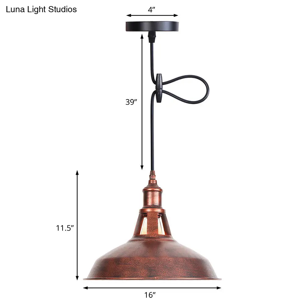 Wrought Iron Rust Pendant Lamp Barn 1-Light Retro Suspension Light for Living Room - 12"/16" Wide