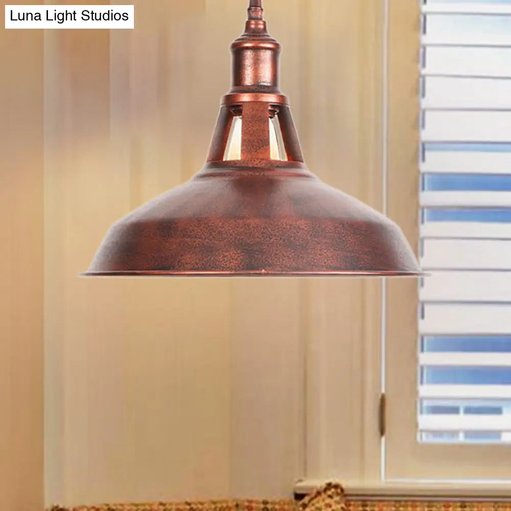 Wrought Iron Rust Pendant Lamp Barn 1-Light Retro Suspension Light for Living Room - 12"/16" Wide