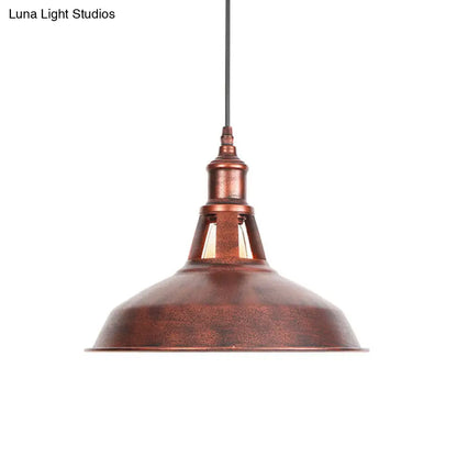 Wrought Iron Rust Pendant Lamp Barn 1-Light Retro Suspension Light for Living Room - 12"/16" Wide