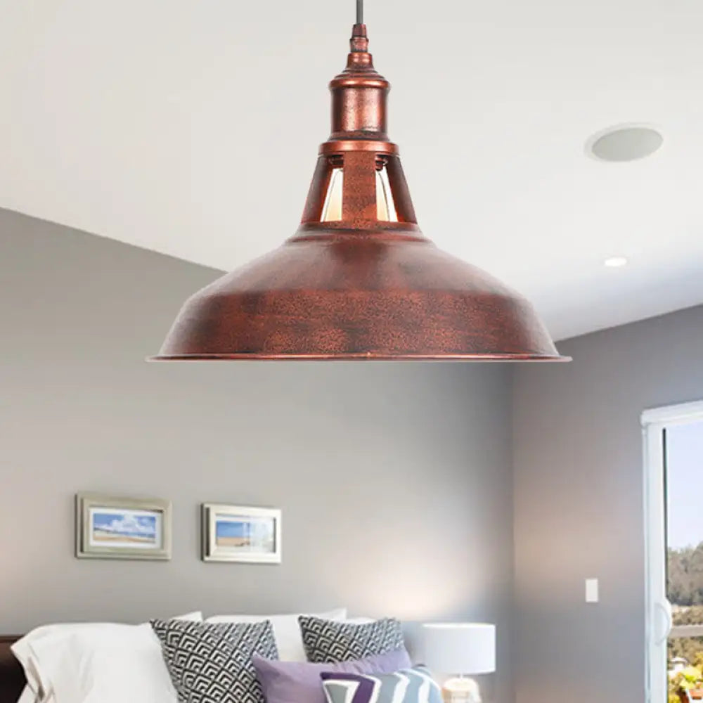 Wrought Iron Rust Pendant Lamp Barn 1-Light Retro Suspension Light for Living Room - 12"/16" Wide