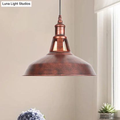 Wrought Iron Rust Pendant Lamp Barn 1-Light Retro Suspension Light for Living Room - 12"/16" Wide